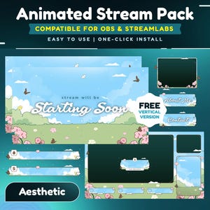 Op de afbeelding: Geanimeerd streampakket met een blauwe lucht, groen gras en roze bloemen. De tekst "stream will be Starting Soon" staat in het midden van de afbeelding. De tekst "FREE VERTICAL VERSION" staat rechtsboven. De tekst "About Me" en "Contact" staat rechtsonder. De tekst "Aesthetic" staat linksonder.