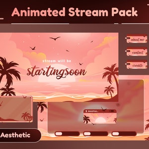 Vacation Animated Stream Package/Pink and Orange Theme/Twitch Set/Aesthetic Ocean/Calming Scenery/Lofi Sunset Beach/VTuber Background