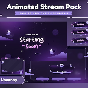 Eerie Night Animated Stream Package-Stream Overlay/Panels/Horror/Cute/Skull/Scary/Calm Theme/Dark/Purple/White/Gothic/Halloween Chill/Eerie