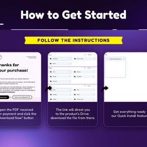 May include: A screenshot of a computer screen showing instructions on how to download a digital product after purchase. The instructions include clicking a "Download Now" button on a PDF file and using a link to access the product's Drive.