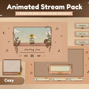 ひまわりアニメーションストリームパッケージ/Twitchオーバーレイ/トランジション/パネル/花のテーマ/花/シンプルなテーマ/茶色/クリーム/落ち着いたテーマ/葉のテーマ