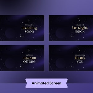 Op de afbeelding: Vier geanimeerde schermen met een donkerblauwe achtergrond en witte sterren. De schermen tonen tekst in gouden letters: "steam will be starting soon", "steam will be right back", "night now stream offline", en "steam ending thank you".
