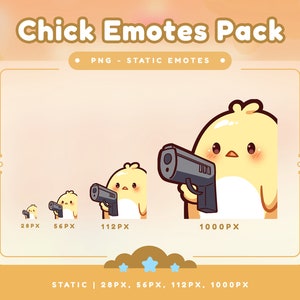 May include: A set of four animated emotes featuring a yellow chick holding a gun. The emotes are available in four sizes: 28 pixels, 56 pixels, 112 pixels, and 1000 pixels. The emotes are labeled with their respective sizes.