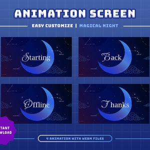Pakket met animatiescherm Magical Night/Blauw thema/Celestial/Twitch-overlay/Twitch-set/Paneel/Overgang/Nachtthema/Animatie/Maan/Schattig thema