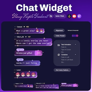 Op de afbeelding: Een digitaal interface-ontwerp voor een chatwidget, met een paarse gradiëntachtergrond. Het ontwerp bevat tekstelementen, chatbubbels en aanpassingsopties voor tekstanimatie en containereffecten. De tekst luidt "Chat Widget" en "Glassy Purple Gradient."