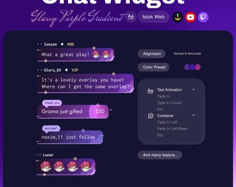 May include: A digital interface design for a chat widget, featuring a purple gradient background. The design includes text elements, chat bubbles, and customization options for text animation and container effects. The text reads "Chat Widget" and "Glassy Purple Gradient."