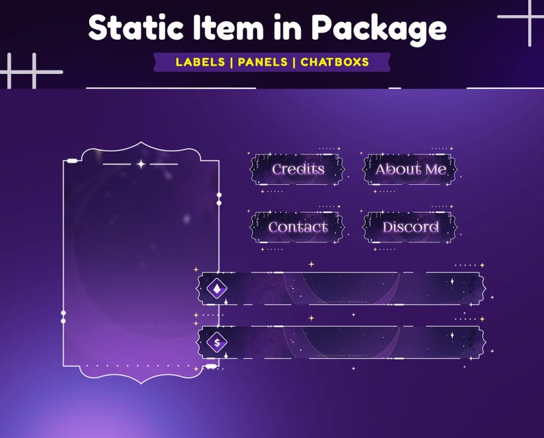 May include: A purple and white Twitch overlay with a starry background. The overlay includes a large rectangular panel, two horizontal panels, and four square panels. The square panels have the text "Credits", "About Me", "Contact", and "Discord".
