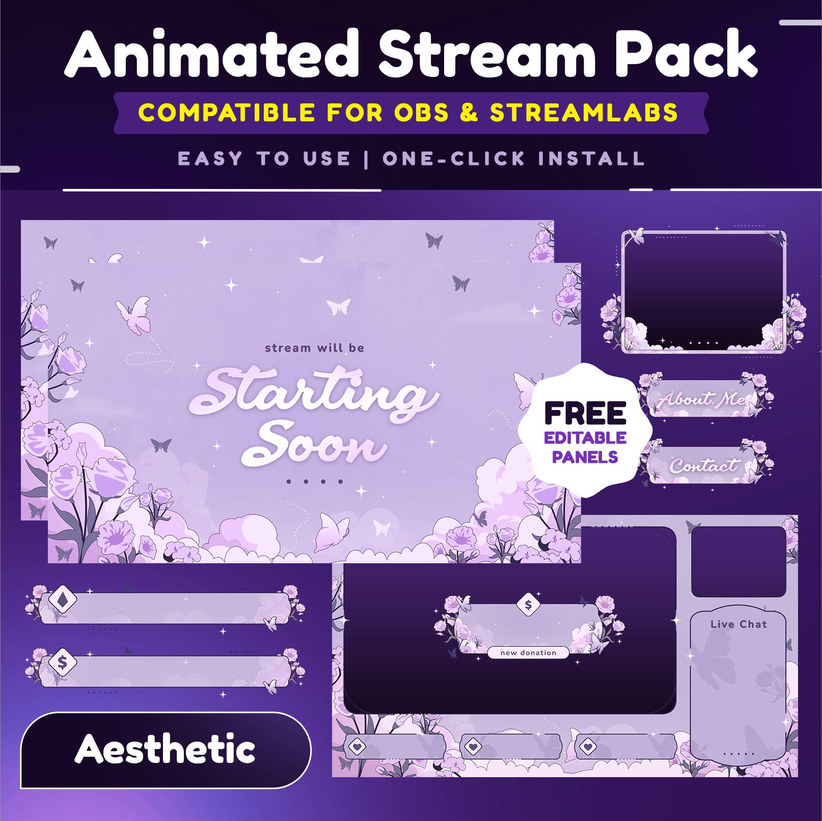 Floral Flutter Animated Stream Overlay Package for Twitch, Kick and Youtube/Flower Purple Stream Overlay/Butterfly Purple Twitch Overlay