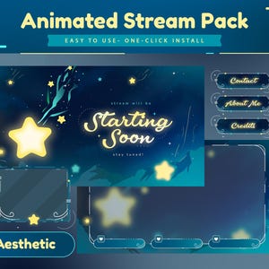 Pacote de transmissão animada Sapphire Starfall/Overlay Cute/Twitch Bundle/Painéis/Alerta/Stinger/Galáxia/Estética/Céu azul/Simples/Estrela cadente