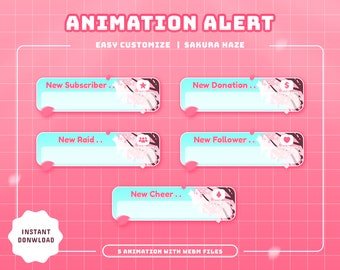 May include: Five animated Twitch alerts with a pink and white cherry blossom theme. The alerts are for new subscribers, raids, cheers, donations, and new followers. The text on the alerts reads "New Subscriber", "New Raid", "New Cheer", "New Donation", and "New Follower".