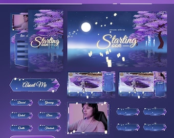 Animated Moonveil Lake Stream Pack: Purple Sakura Lantern Night for Twitch and OBS/Streamlabs