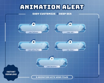 May include: Five animated Twitch alerts with a deep sea theme. The alerts are for new followers, raids, subscribers, cheers, and donations. Each alert features a blue shark with a different icon, such as a heart, a star, a crown, a dollar sign, and a group of people. The alerts are set against a blue grid background.