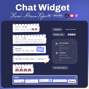 May include: A digital graphic showcasing a "Chat Widget" design with a dark blue background. The design includes simulated chat bubbles with text, user avatars, and a price tag. Additional features include text animation and container options.