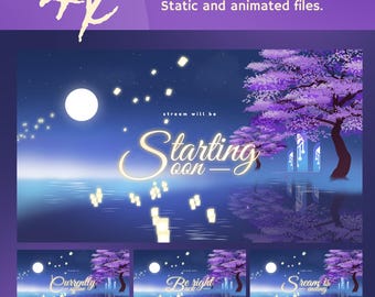 Animated Moonveil Lake Stream Screens: Purple Sakura Lantern Night for Twitch and OBS/Streamlabs
