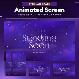 Stellar Spark Animated Stream Screen Package for Twitch/Purple and White Twitch Screen/Vertical Screen for TikTok/Cosmic Sky Starting Soon