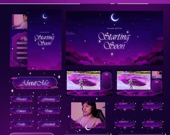 Animated Dreamy Night Stream Pack: Cozy Purple Moonlit Theme for Twitch and OBS/Streamlabs