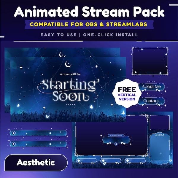 Glistening Night Animated Stream Overlay Package for Twitch/Butterfly at Night Overlay/Aesthetics Stream/Vertical Stream Overlay for Tik Tok
