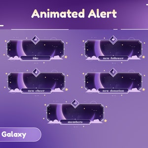 Galactic Dreamweave Animated Stream Alerts/Stream Overlay/Panels/Transition/Cloud Design/Galaxy Theme/Purple Color/Moon Design/Cute Theme