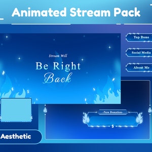 Puede incluir: Paquete de transmisión animado con fondo azul y llamas blancas. El texto "Stream Will Be Right Back" está en el centro de la imagen. Hay botones para "Top Dono", "Redes sociales" y "Acerca de mí".
