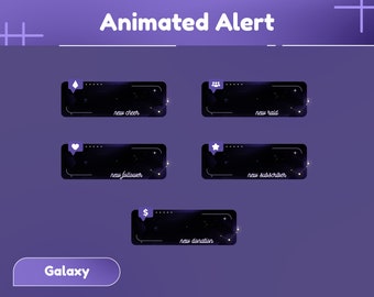 Puede incluir: Cinco banners de alerta animados con un tema de galaxia. Cada banner tiene un icono y un texto diferente. Los iconos son un diamante, un grupo de personas, un corazón, una estrella y un signo de dólar. El texto en los banners dice "new cheer", "new raid", "new follower", "new subscriber" y "new donation".