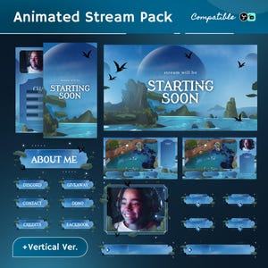 May include: An animated stream pack with a blue and white theme. The pack includes "Starting Soon" screens, chat boxes, and social media buttons. The design features a landscape with a large moon, water, and flying birds. The text "Animated Stream Pack" is at the top.