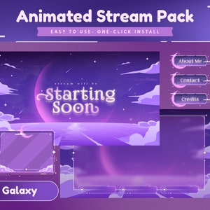 Violet Horizon Animated Stream Pack for Twitch, Kick, Youtube/Galaxy Theme/Overlay Set/Alert/Panels/Purple Color/Cloud Design/Transition