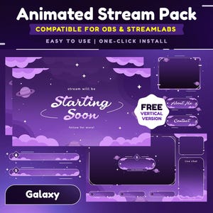 Paquete de transmisión animada de Violet Space/Superposición de transmisión de cielos lavanda suaves/Superposición de Twitch violeta/Tema lindo/Simple/Relajado/Estético/Cielo/Lo-Fi