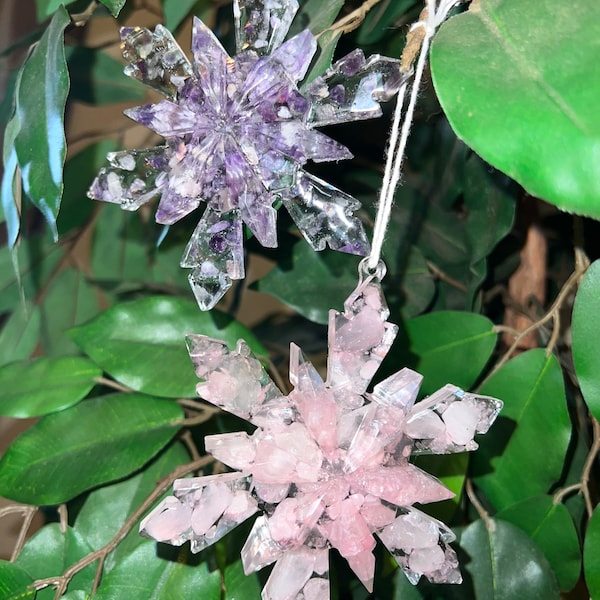 Xmas Amethyst/Rose Quartz Snowflake Christmas Tree Ornament Decor, Real Amethyst or Rose Quartz Crystals Inside Transparent Ornament