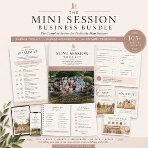 May include: The Mini Session Business Bundle includes a 43-page toolkit, 18-page workbook, and 44 editable templates. The set features a roadmap, pricing calculator, session day checklist, posing flow, and marketing materials for photographers.