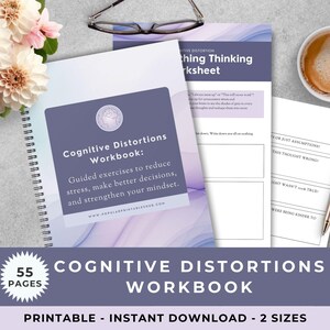 Cognitive Distortions Workbook, CBT Worksheets for Mental Health, Coping Skills, Thought Journal, Therapy Tools