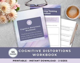 Cognitive Distortions Workbook, CBT Worksheets for Mental Health, Coping Skills, Thought Journal, Therapy Tools