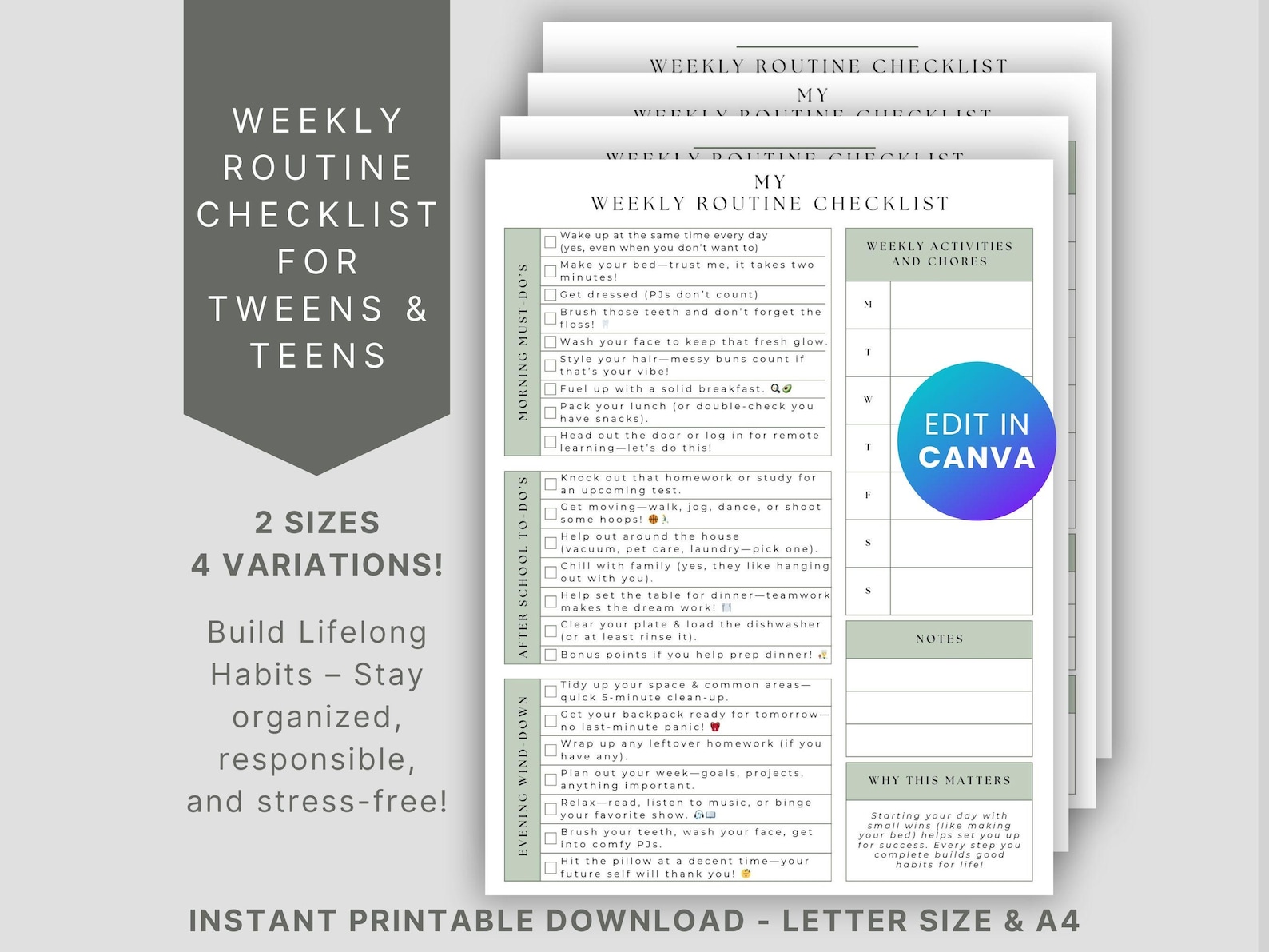 Visual Schedule for Teens, Editable Daily Routine Chart, Printable ...