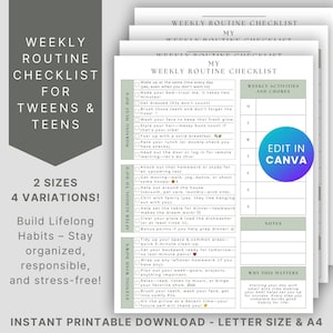 Visual Schedule for Teens, Editable Daily Routine Chart, Printable Checklist, Chore Cards, Autism Resource
