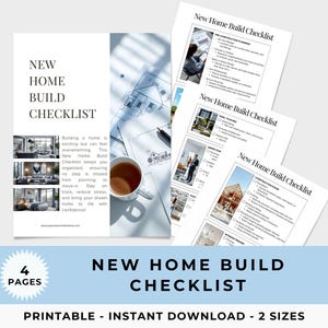 Könnte beinhalten: Eine druckbare Checkliste für den Bau eines neuen Hauses. Die Checkliste ist in vier Seiten unterteilt und umfasst Abschnitte für die Planung vor dem Bau, die Auswahl des Hauses, den Bau und den letzten Schliff. Die Checkliste ist in zwei Größen verfügbar und kann sofort heruntergeladen werden.