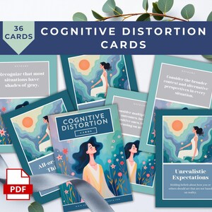 May include: A set of 36 blue cards with illustrations of women and text about cognitive distortions. The cards feature phrases like "Recognize that most situations have shades of gray." and "Consider the broader context and alternative perspectives in every situation."
