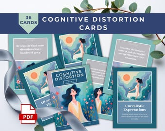 Cognitive Distortion Cards - Unhelpful Thinking - CBT Therapy Tools - Printable Flashcards