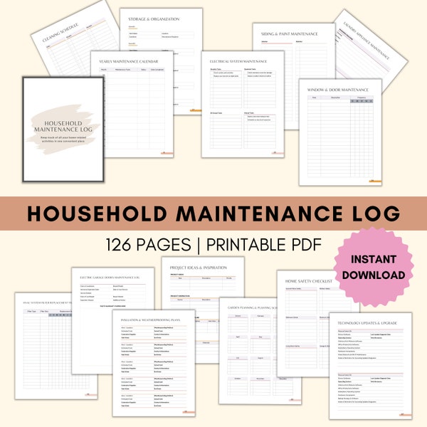 Home Maintenance Checklist | Home Maintenance Log | Household Car Repair List | Home Warranty Tracker | House Repairs Log | Instant Download