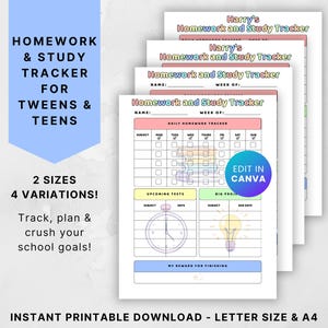 May include: A stack of printable homework and study trackers for tweens and teens. The design includes a daily homework tracker, upcoming tests, and big projects sections. The text includes "Homework & Study Tracker" and "Edit in Canva."