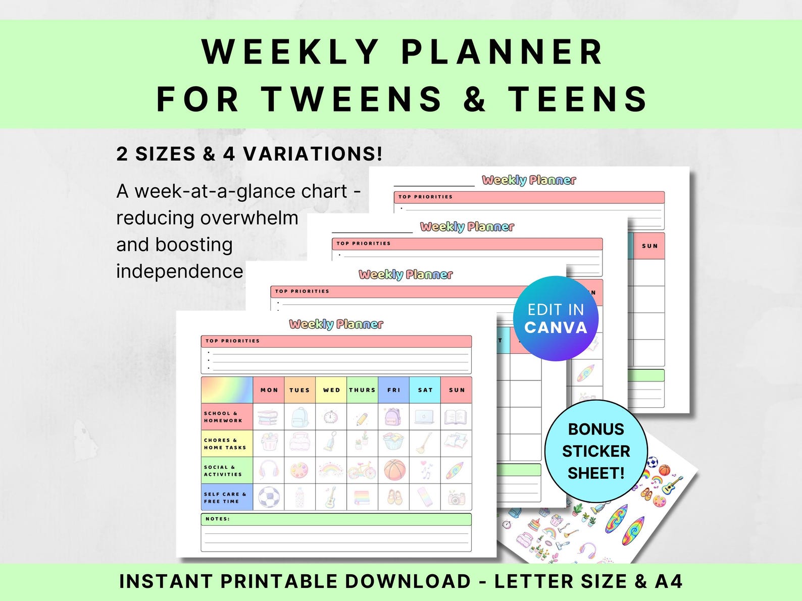 Weekly Planner for Tweens and Teens | Printable Editable Routine ...