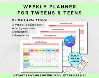Agenda hebdomadaire pour préadolescents et adolescents | Programme imprimable modifiable, liste de contrôle des tâches ménagères numériques, modèle d'horaire quotidien