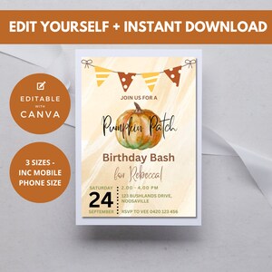 May include: An editable pumpkin patch birthday party invitation featuring a watercolour pumpkin illustration. The invitation is for a birthday bash for Rebecca and includes the date, time, and location. The text reads "Join us for a Pumpkin Patch Birthday Bash for Rebecca! Saturday, September 24, 2:00-4:00 PM, 123 Bushlands Drive, Noosaville. RSVP to Vee 0420 123 456."