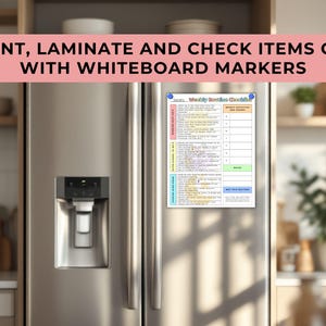 The Weekly Routine Checklist displayed on the front of a fridge with 2 blue magnets holding it in place