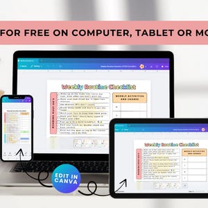 The Weekly Routine Checklist displayed on a desktop screen, mobile phone screen and tablet to show customers that the product can be customised on all 3 devices