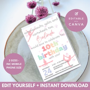 Gymnastics Birthday Invitation | Electronic Invite | Instant Download | Editable Text