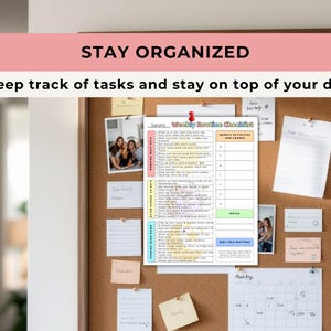 The Weekly Routine Checklist displayed on a cork notice board with a red drawing pin holding it in place