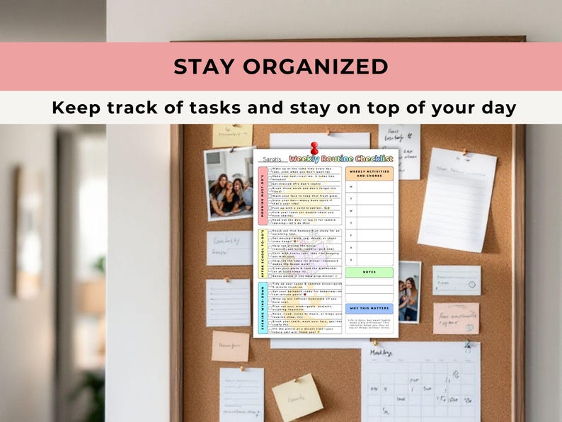 The Weekly Routine Checklist displayed on a cork notice board with a red drawing pin holding it in place