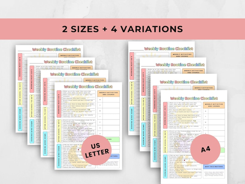 The Weekly Routine Checklist displayed on a grey background in 2 sizes and 4 variations