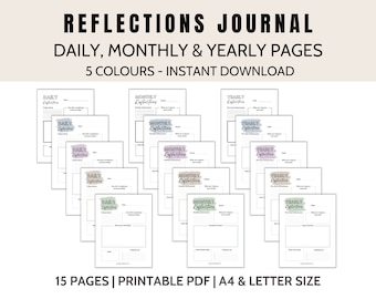 May include: A printable PDF journal with 15 pages for daily, monthly, and yearly reflections. The journal comes in five different colors and is available for instant download. The text on the cover reads "Reflections Journal, Daily, Monthly & Yearly Pages, 5 Colors - Instant Download".