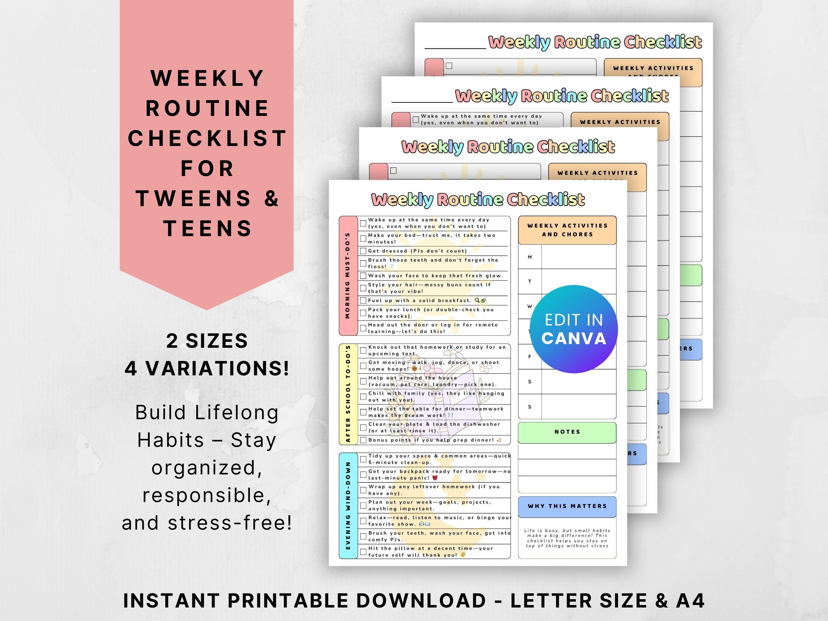 Liste de contrôle quotidienne pour les adolescents TDAH, programme visuel, tableau imprimable des tâches de routine, planificateur de tâches, planificateur d'école à la maison de soutien aux autistes
