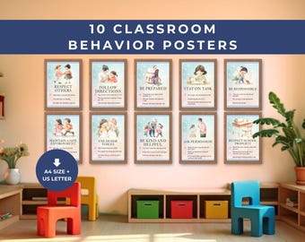 Könnte beinhalten: Zehn Klassenzimmer-Verhaltensposter mit Aquarell-Illustrationen von Kindern. Jedes Poster zeigt eine andere Klassenregel, wie z. B. "Respektiere andere", "Folge den Anweisungen" und "Sei vorbereitet". Die Poster sind auf weißem Papier gedruckt und haben einen hellrosa Hintergrund. Die Poster sind für den Druck auf A4-Papier oder US-Letter-Papier konzipiert.